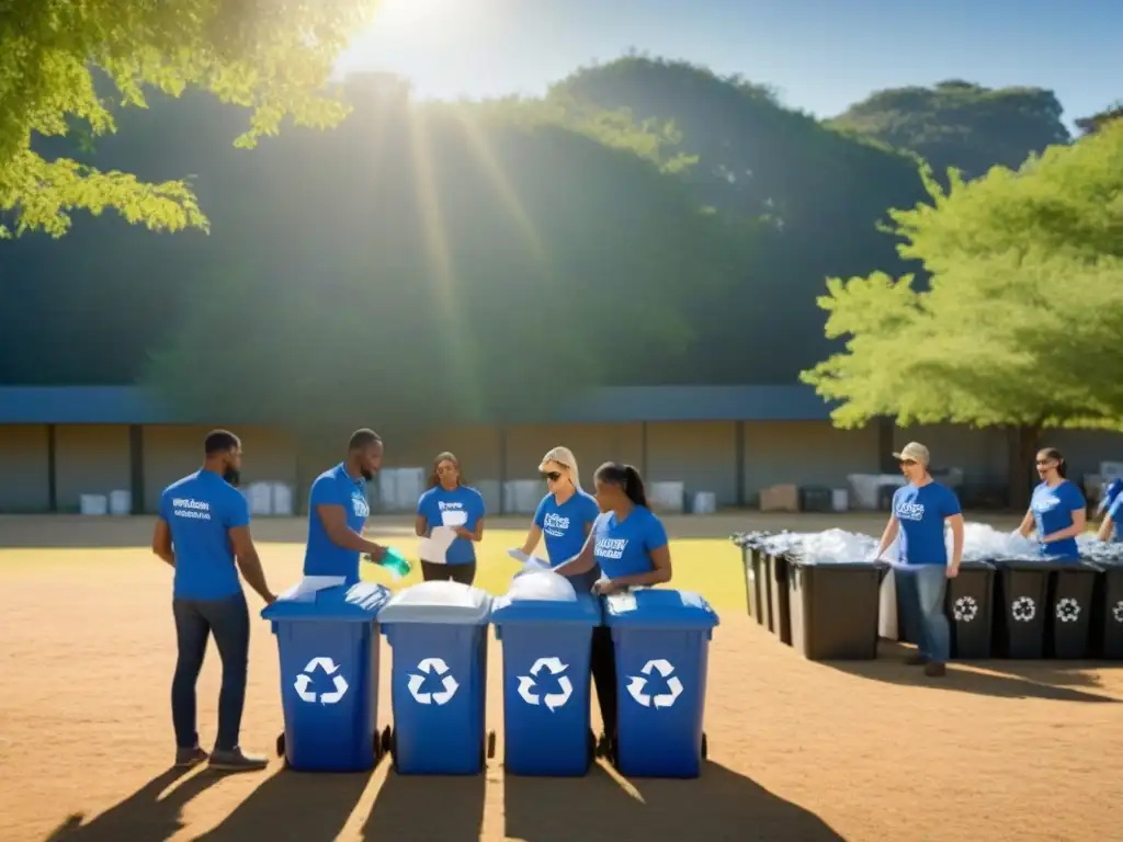 Voluntarios organizan campañas reciclaje comunidad bajo el sol, en centro reciclaje al aire libre