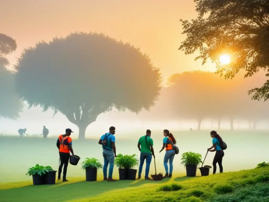 Voluntarios comprometidos cuidando el medio ambiente en un parque verde al atardecer