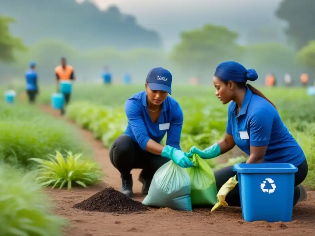 Voluntarios sostenibles en evento de limpieza local, unidos por un parque más limpio