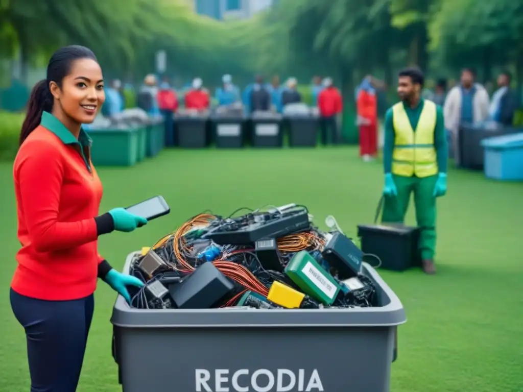 Voluntarios sostenibles recogen residuos electrónicos en un parque verde