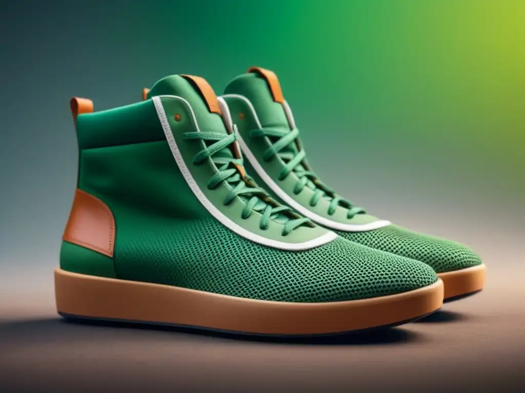 Un zapato futurista vegano en tonos terrosos con toque verde, reflejando modernidad