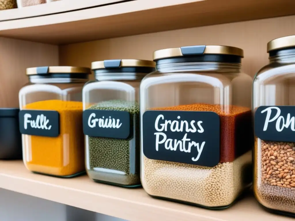 Despensa zero waste con tarros de vidrio, productos a granel y contenedores reutilizables
